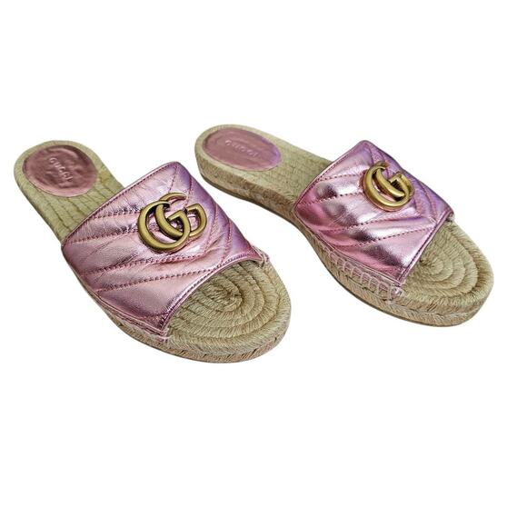 Gucci GG Quilted Leather Espadrille Flat Slide Sandal Size 37 US 7 Metallic Pink - Picture 1 of 8